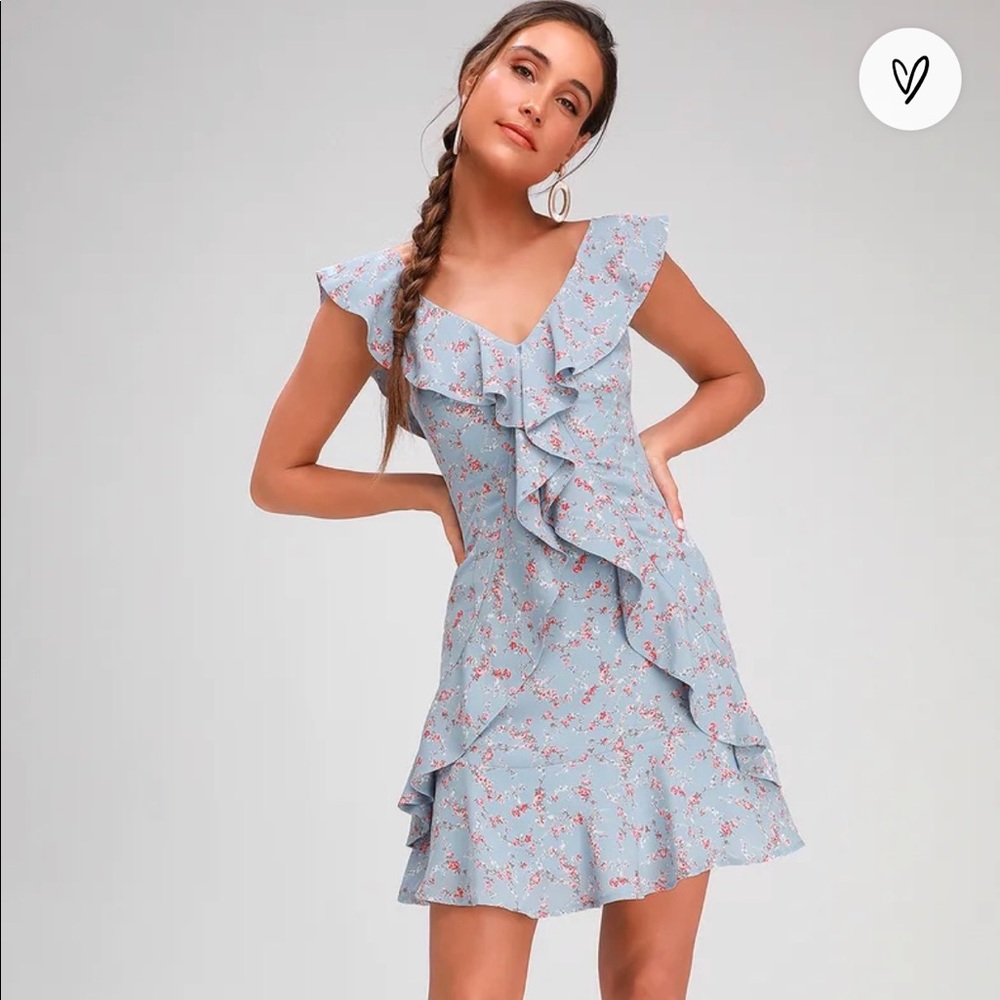 Lulus light blue floral print ruffled mini dress size medium